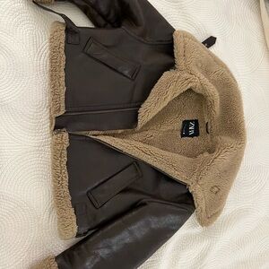 Zara Brown Leather Jacket with fur lining